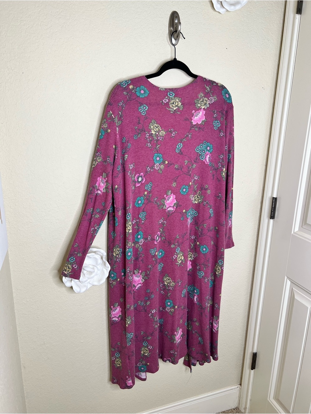 NTM: LuLaRoe Sarah Floral Duster Cardigan Large Pink Ribbed Open Front Pocketed - Picture 13 of 13